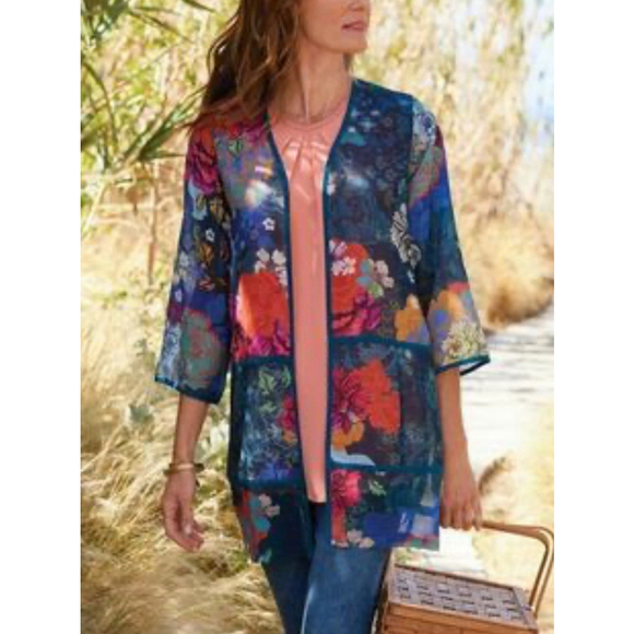 Soft Surroundings Floral Sheer Topper Kimono Jacket Top Sz M Vacation - Picture 3 of 9